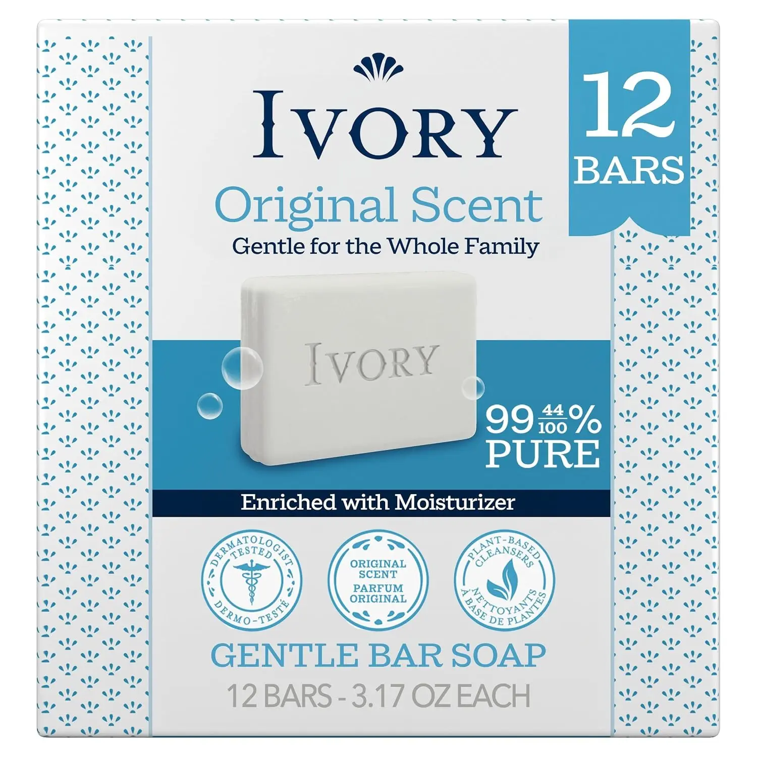 12 Pack Gentle Cleansing Bar Soap (3.17 oz Each), Plant-Based Pure Formula Hand & Body Wash for All Skin Types, Sensitive Skin Care for Family, Original Scent