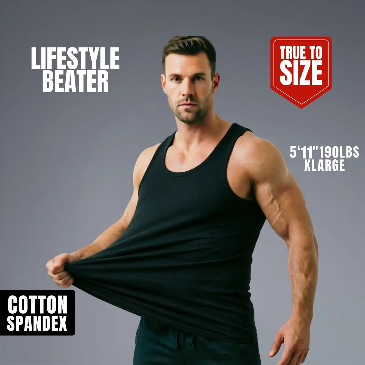 Men's Cotton-Spandex Tank Top - Menswear Stretchy Sleeveless Plain All-Season Edge Lock Lightweight Breathable Slim-Fit Undershirt, True to Size, Trendy Apparel for Gym Workouts & Everyday Casual Wear
