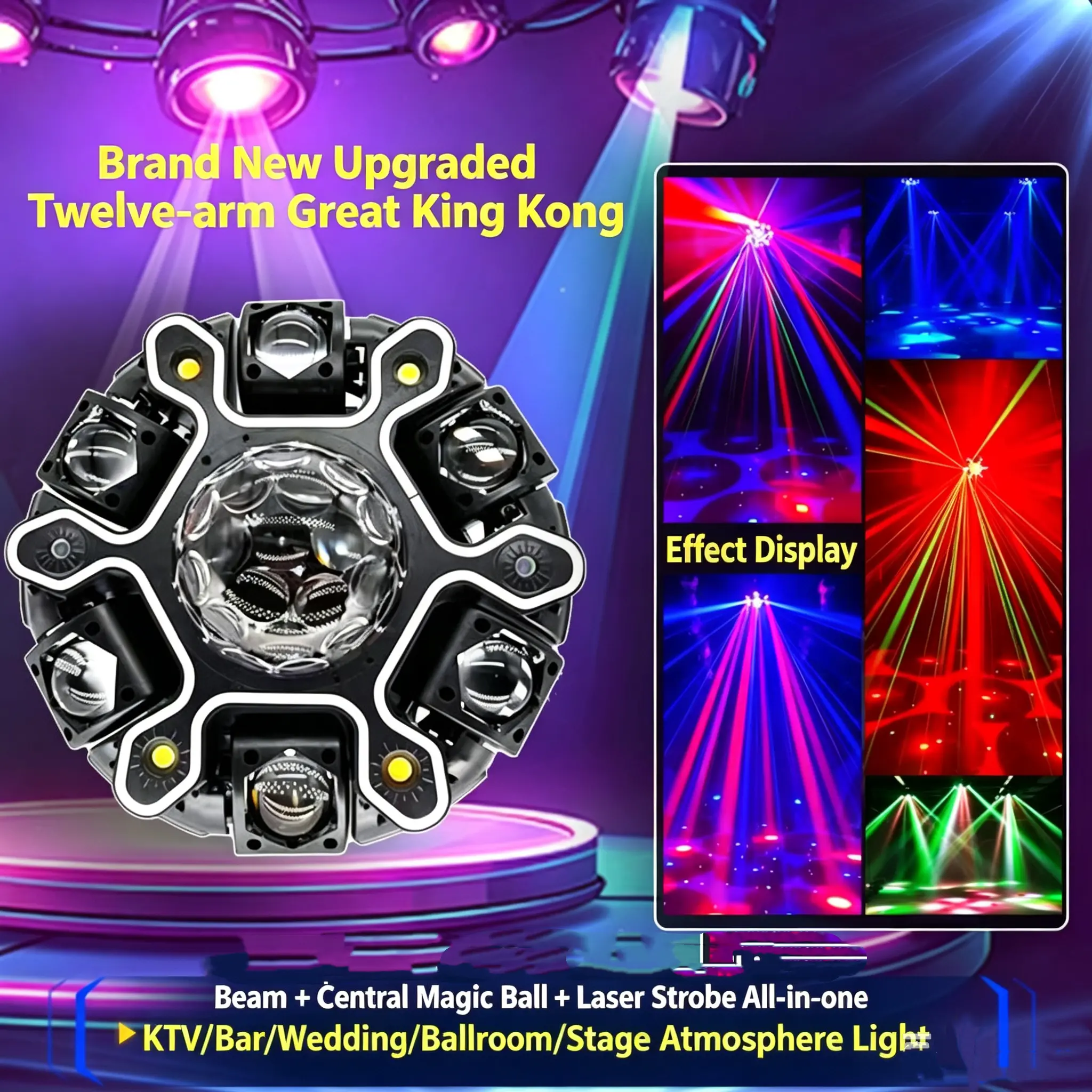 200W 12-arm King Kong Stage Light | 3-in-1 Disco Ball + Beam + Laser Strobe Light | Used for KTV Bar Wedding Family Party, Intelligent Voice Control DJ Party Light Bright Led Led Lighted