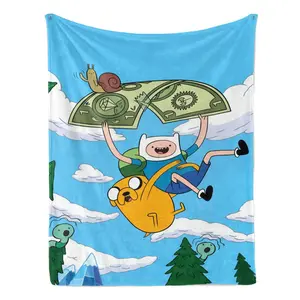 Adventure Time Finn & Jake Sky Ride Flannel Blanket – Bright blue backdrop with Finn, Jake, and a flying snail soaring over a whimsical landscape, perfect for cozy cartoon nights and fans of the beloved animated series