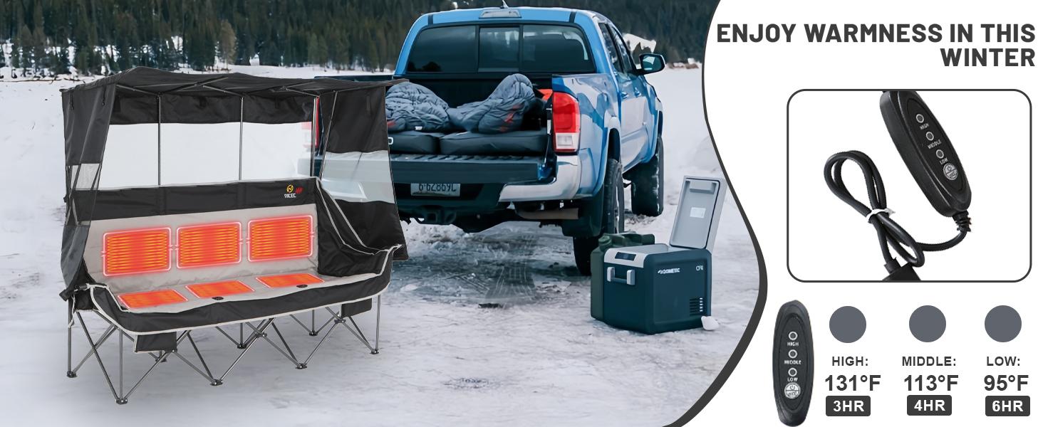 Outdoor Heated 3-Person Camping Chair with Canopy — Heated 2-Person Camping Chair, Oversized Padded Portable Sports Chair with Shade, Cup Holder & Cooler Bag, Suitable for Lawn & Outdoors