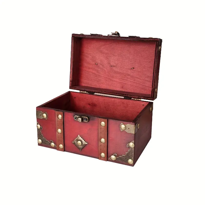 1pc Vintage Treasure Chest Storage Box, Wooden Jewelry Box, Pirate Keepsake Gift Box, Wooden Treasure Storage Box For Jewelry Pearls Trinkets Tarot Cards, Etc Art Supplies Organiser Burgundy