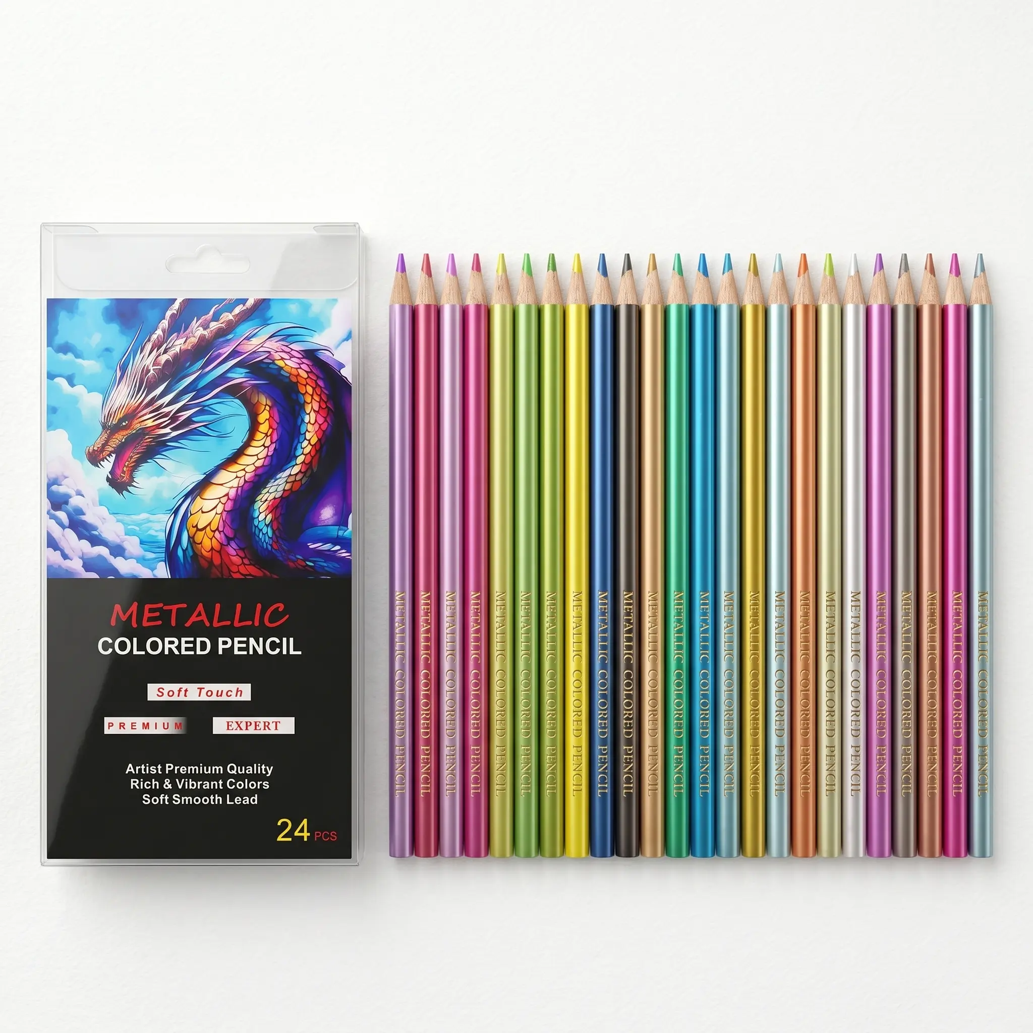24 Metallic Colored Pencils Set, Pre-Sharpened Wood Barrel Coloring Tool, Office Stationery Writing Supplies