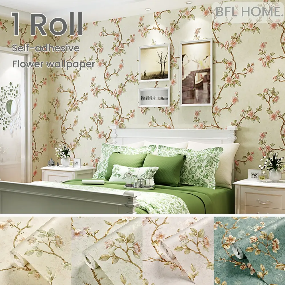 Vintage Farmhouse Self-Adhesive Non-Woven Decorative Wallpaper Roll, Elegant 3D Flower Pattern, Available in Four Colors, Easy Peel & Stick