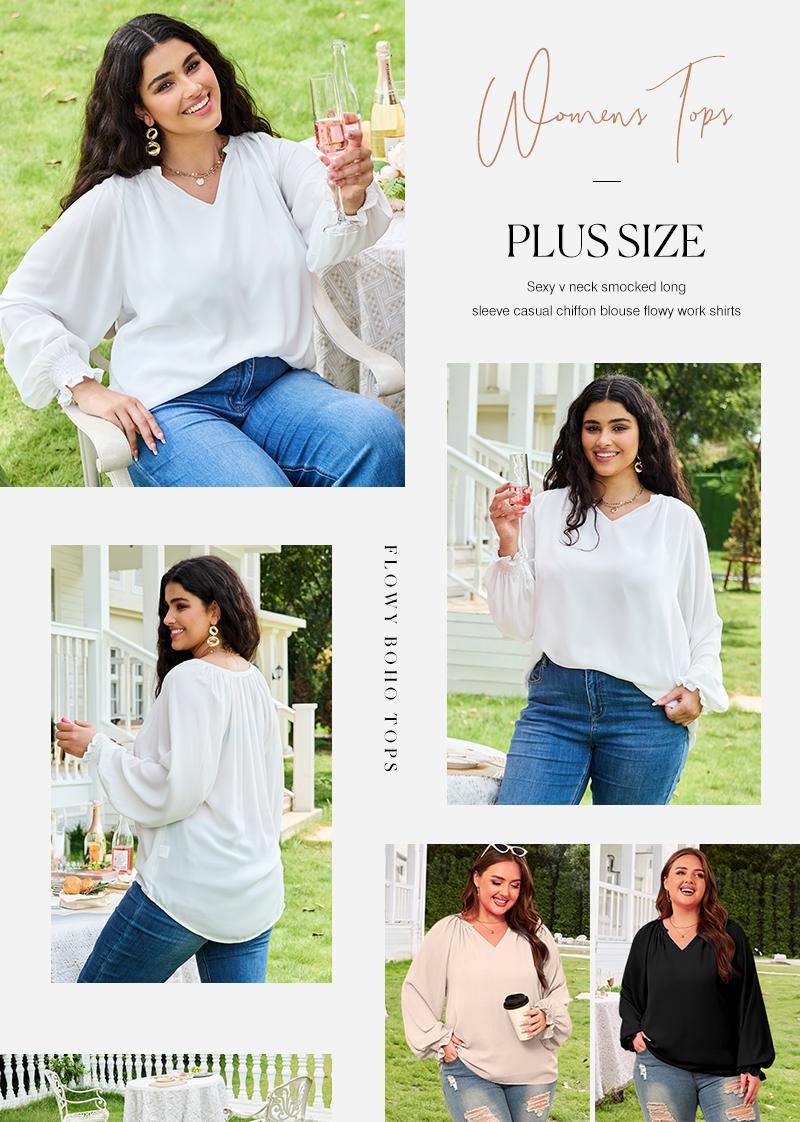 Eytino Womens Plus Size Tops Sexy V Neck Smocked Long Sleeve Casual Chiffon Blouse Flowy Work Shirts(1X-5X)
