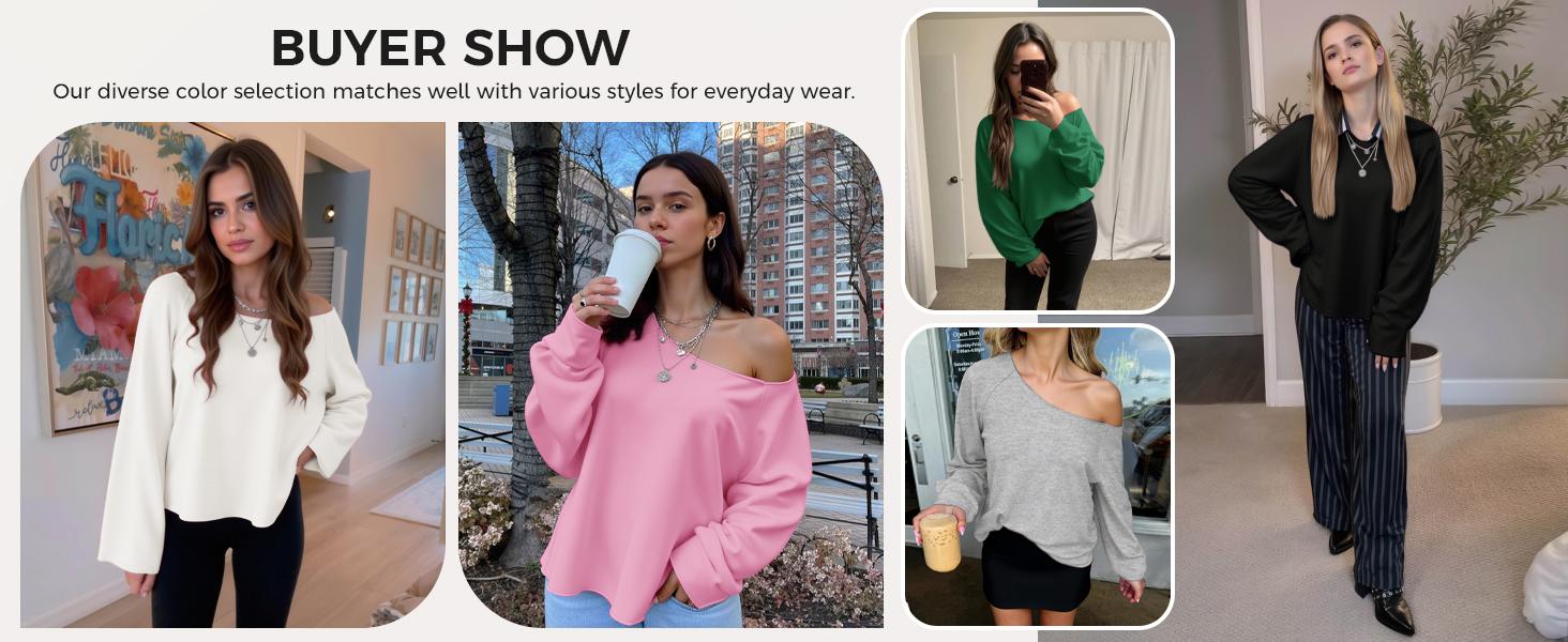 Fisoew Sports Summer Spring Women's Off-Shoulder Thin Sweatshirt/Tees, Wide Neckline Loose Pullover, Long Sleeve Y2k Fashion Loose Fit Top, SpringStatements Jeans