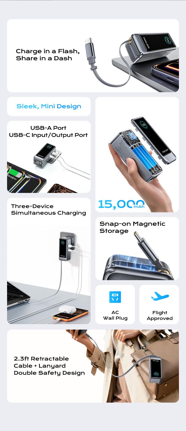 MAGIC JOHN Power Bank for Phones & Laptops, 15,000 mAh High-Capacity Portable Charger, USB-C Output, Built-in 2.3ft Retractable Cable, Airline-Approved, Compatible with iPhone 17/16 Series, MacBook, Samsung & More