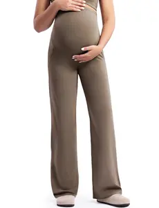 POSHDIVAH Women's Creamluxe Maternity Yoga Wide Leg Pants Petite/Regular/Tall Pregnancy Work Dress Sweatpants with Pockets