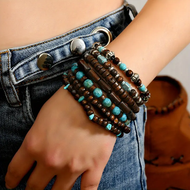 7Pcs Bohemian Retro Unisex Bracelet Set | Handmade Coconut Shell & Wood Beads with Turquoise Accents | Perfect for Daily Wear & Gift