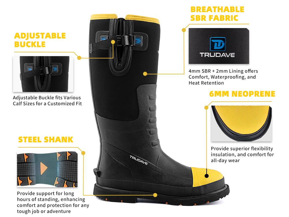 【With steel toe】TruDave Work Boots for Men with Steel Toe & Shank, Waterproof Anti Slip Rain Boots, 6mm Neoprene Outdoor Hunting Boot, Comfortable Walking Shoes Black Boy #TiktokShopBlackFriday