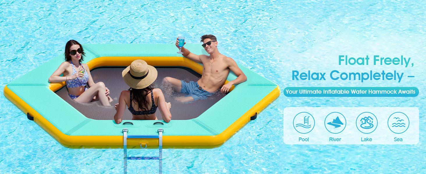 AMERLIFE Hexagon/Circle/Triangle 8FT/10FT/12FT Inflatable Water Hammock for Adults, Floating Raft Dock Platform with Mesh, Heavy Duty Water Float Dock for Lake Beach Party AMERLIFE Hexagon/Circle/Triangle 8FT/10FT/12FT Inflatable Water Hammock for Adults, Floating Raft Dock Platform with Mesh, Heavy Duty Water Float Dock for Lake Beach Party