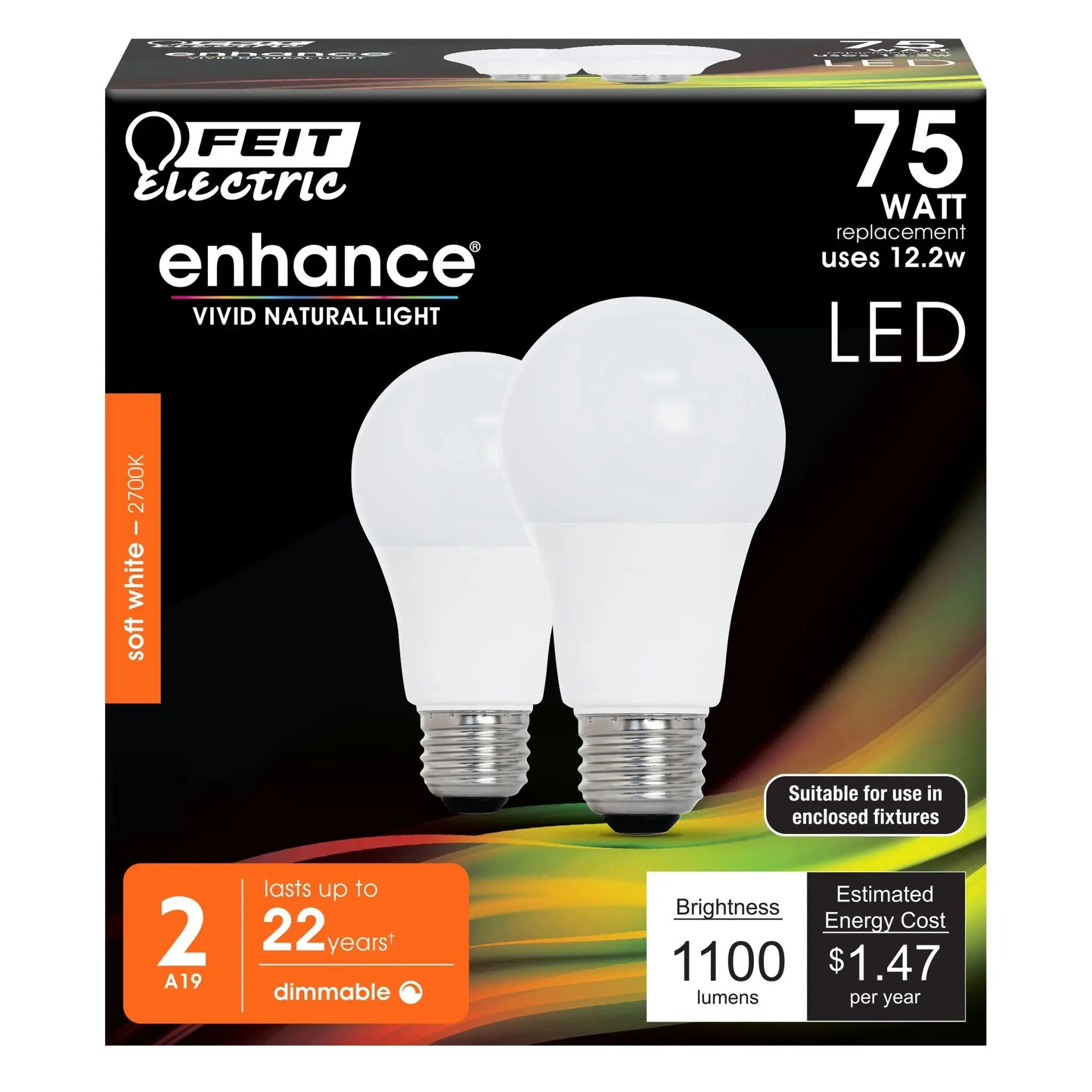 Feit Electric 75 Watt Replacement Soft White 2700K E26 Base A19 Dimmable LED Light Bulb 2 Pack