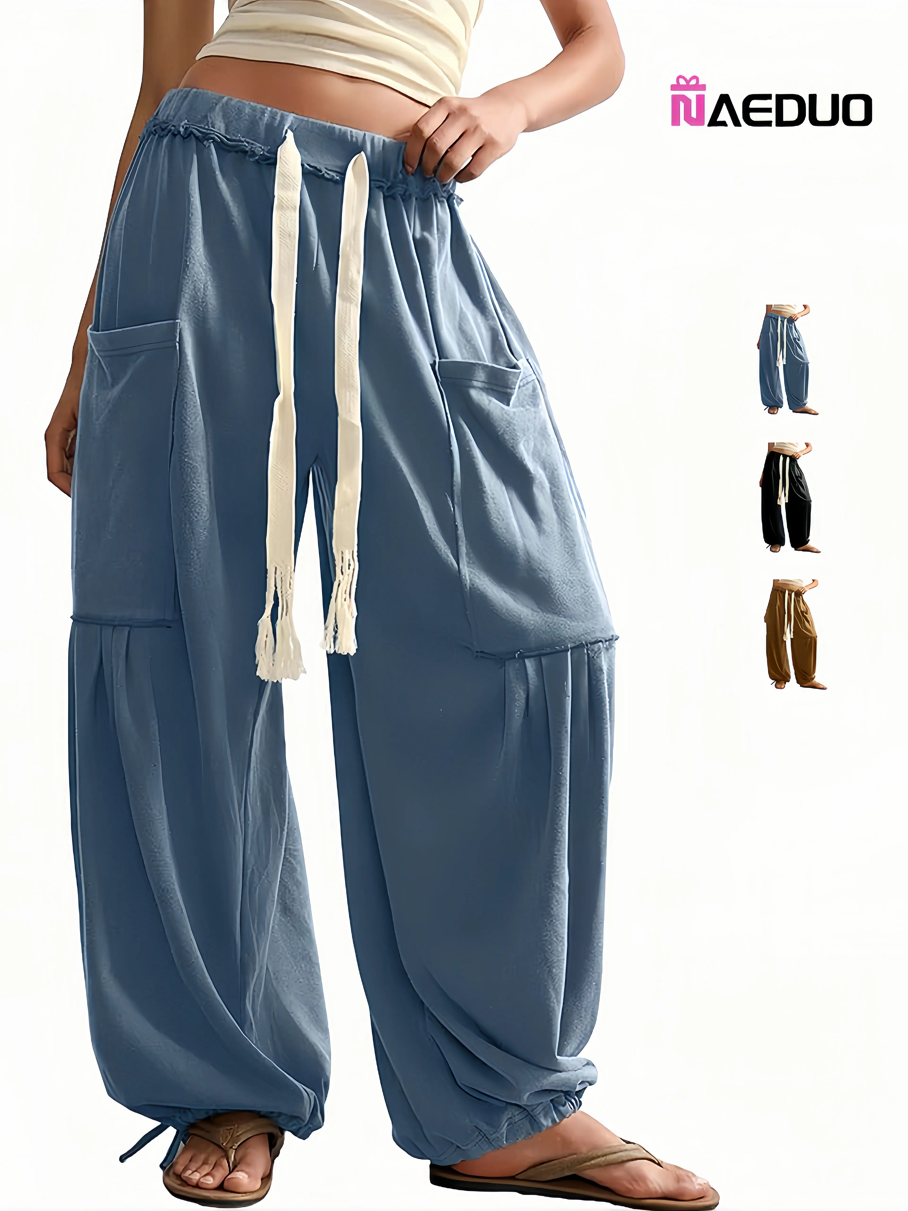 Naeduo Women's Slouchy Baggy Harem Pants with Cargo Pockets, Casual Drawstring Bohemian Trousers Elastic High Waist Lounge Wear Everyday Outfits