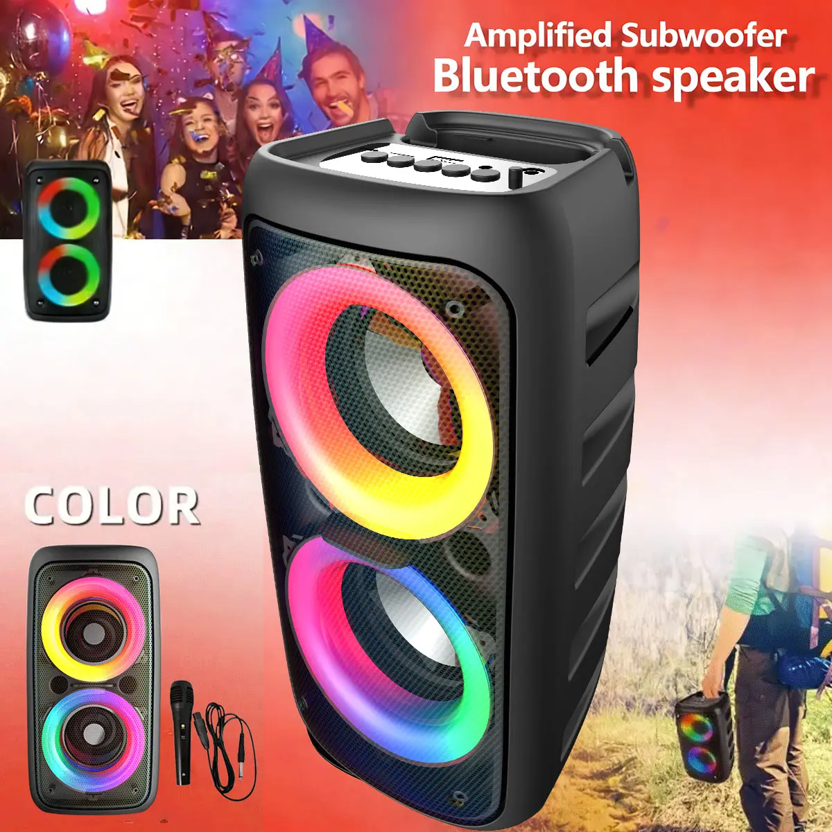 Portable Wireless PA Speaker Compact Karaoke Subwoofer with Colorful Lights Supports TF Card, FM, USB Type-C Charging Ideal for: Indoor Dancing Family Gatherings Karaoke Sound Systems Courtyard Relaxation Disco KTV Holiday Gifts