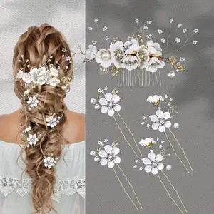 Pack Of 5 Crystal Pearl Hair Clips Headpieces Bridal Flower Wedding Hair Clips, Wedding Hair Accessories Rhinestones, Bridal Bridesmaid Jewellery, Ladies Hair Plate Accessories