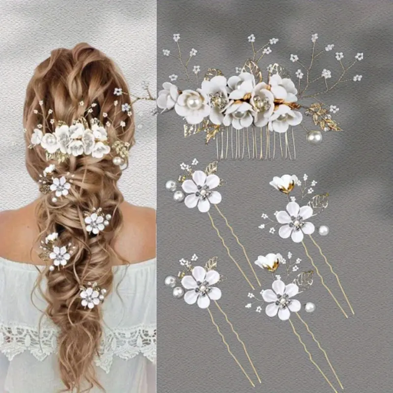 Pack Of 5 Crystal Pearl Hair Clips Headpieces Bridal Flower Wedding Hair Clips, Wedding Hair Accessories Rhinestones, Bridal Bridesmaid Jewellery, Ladies Hair Plate Accessories