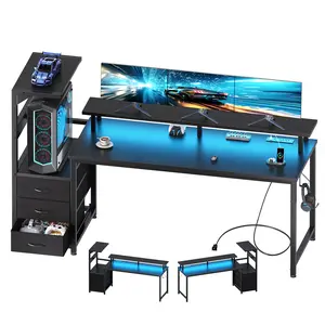 RGB Gaming Desk ，With Panoramic PC Case Display Stand,LED Lighting , 3 Fabric Drawers For Cable Management And Side Collectibles Shelf, Built In 3 Outlets And 2 USB Ports, Heavy Duty Steel Frame
