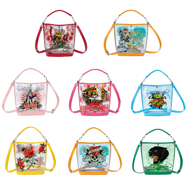Ed Hardy Women's Creative Design Bucket Bag - Casual Everyday Purse with Graphic Print, PVC Body, Adjustable Strap, Snap Buttons, Top Handle, Versatile Cross Body Bag
