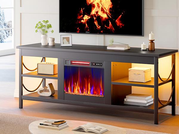 Pinmoco Electric Fireplace TV Stand for TVs up to 65", LED Entertainment Center with Open Storage Shelves for Living Room, Bedroom