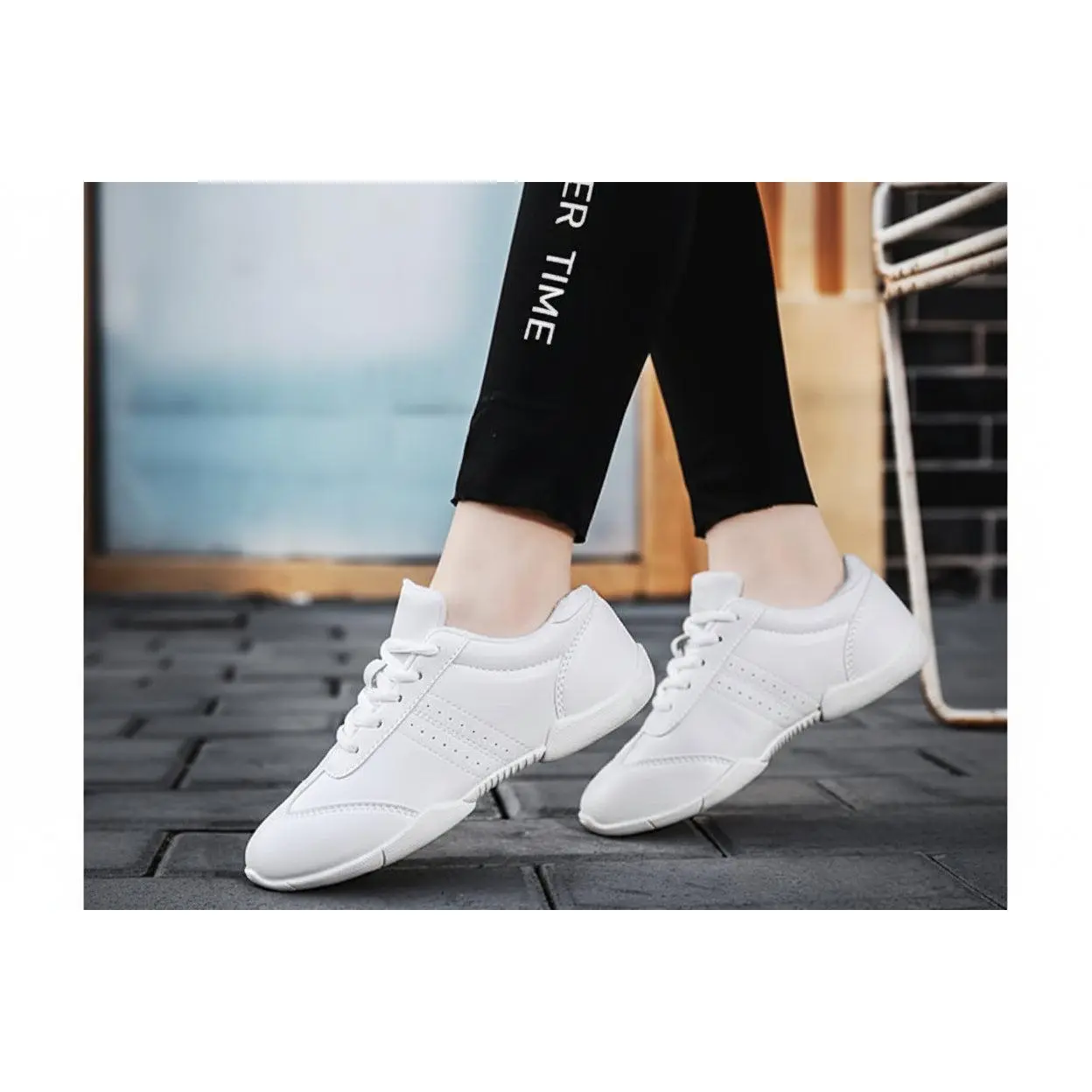 Female Youth Low-Top Round-Toe White Cheerleading Flats - Breathable Athletic Training, Competition Dance Sneakers