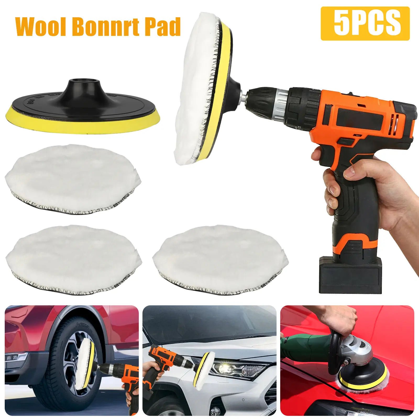 NSI 3Pcs 6"Car Polishing Wheel Wool Buffing Pads Set - Polishing Buffing Wheel with Adhesive Backer Pad,for M14 Drill Adapter, tool for Auto Paint Care Styling