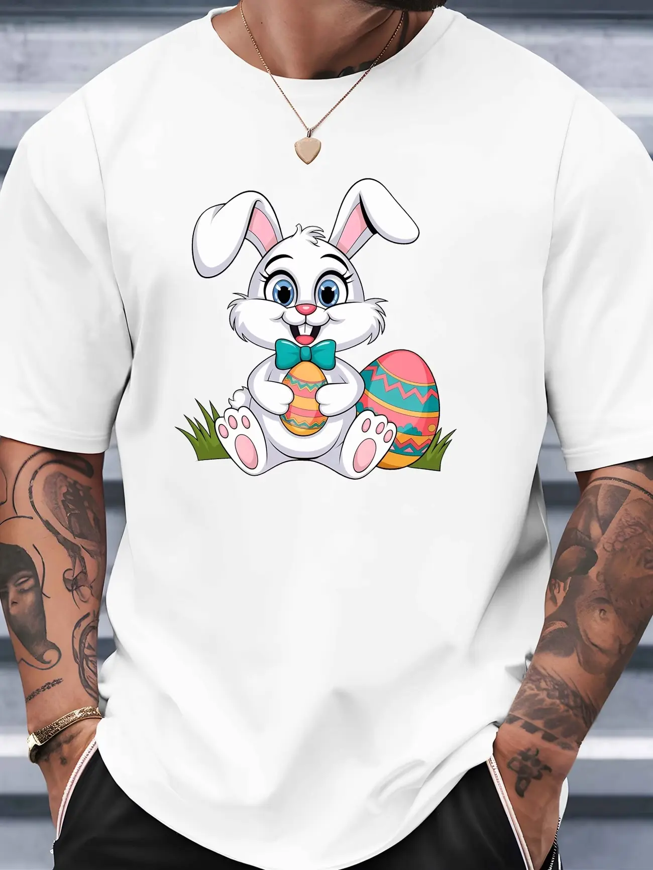 Egg Happy Easter Rabbit New Men's Short-sleeved T-shirt Summer Fashion Trend Top Printed Men's Bottoming Shirt Spring and Summer Round Neck Casual Versatile Breathable Top A311