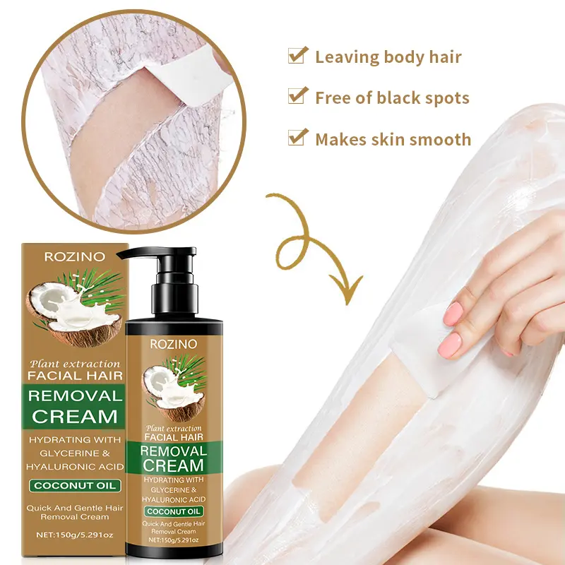 ROZINO Facial Hair Removal Cream with Hyaluronic Acid & Glycerin, Hydrating Depilatory Formula for Smooth Skin, 150g Pump Bottle, Moisturizer