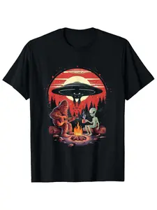 Men'S Cotton T-Shirt with Alien & Sasquatch Campfire Print - Casual Crew Neck, Short Sleeve Tee for Outdoor Enthusiasts