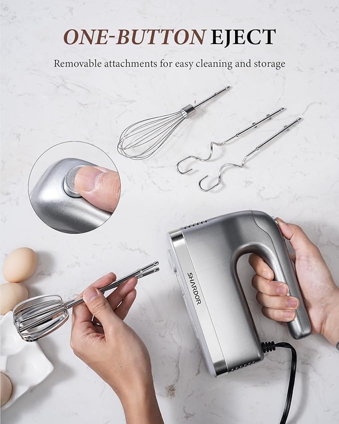 SHARDOR Hand Mixer, 450W Handheld Mixer with Storage Case 5-Speed Plus Turbo Hand Mixer Electric With 5 Stainless Steel Attachments(2 Beaters, 2 Dough Hooks and 1 Whisk), Silver