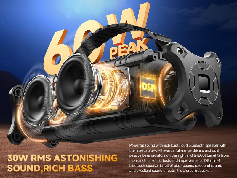 W-KING 60W Peak D8 Mini Portable Bluetooth Speaker, IPX6 Waterproof, 30W Wireless, 24-Hour Playtime, Powerful Bass, NFC, TF Card, USB Playback, Built-in Mic, AUX-IN, for Home, Outdoor Adjustable Subwoofer