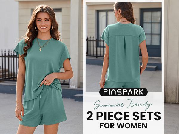 PINSPARK 2 Piece Sets for Women Summer Crewneck Matching Shorts Lounge Set with Pockets Casual Travel Outfits 2025 Trendy