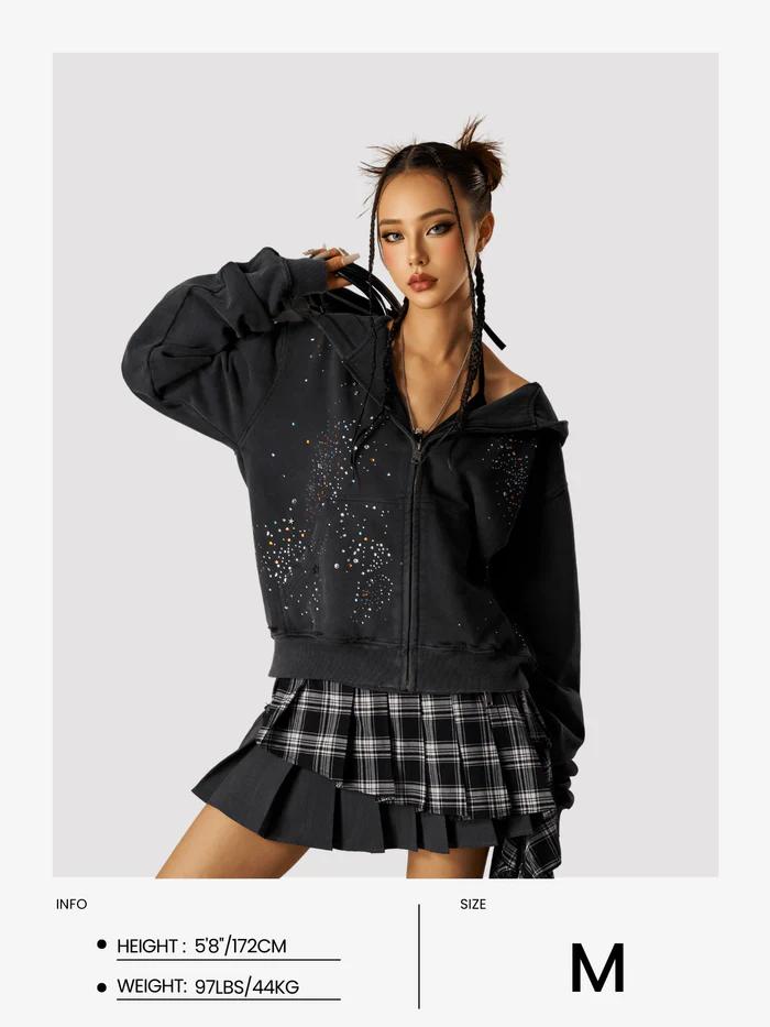Aelfric Eden Unisex Hotfix Rhinestone Star Zip Up Hoodie Vintage Washed Oversized Streetwear Jacket 100% Cotton