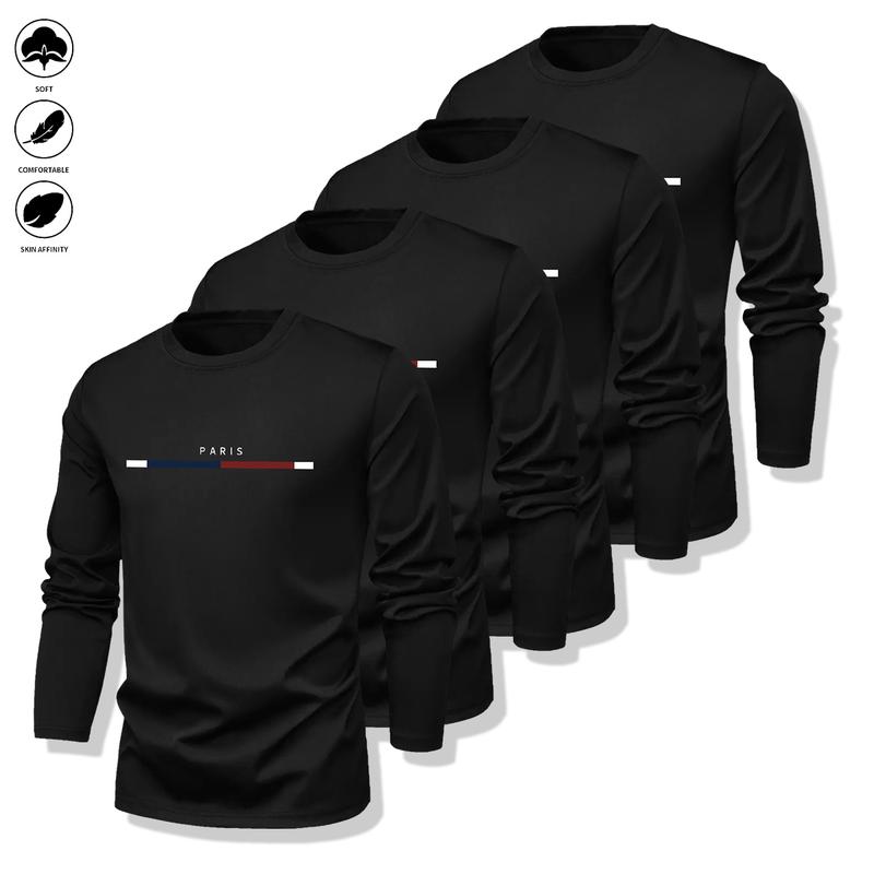 Pack of 4 - Men's Long Sleeve T-Shirt - Casual Crew Neck Breathable Tee, Suitable for Spring and Autumn Wear, Featuring Letter Pattern Design, Well-Fitting Cut, Ideal for Everyday Wear, Men's Long Sleeve Top