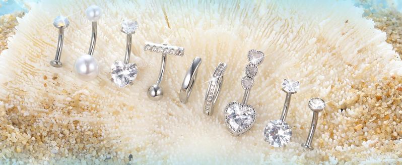 ORAZIO Gold Belly Button Ring Pack - 9Pcs Hypoallergenic Surgical Steel CZ Opal Pearl Clicker Floating Navel Piercing Jewelry for Women Comfortable 14G Bar Length