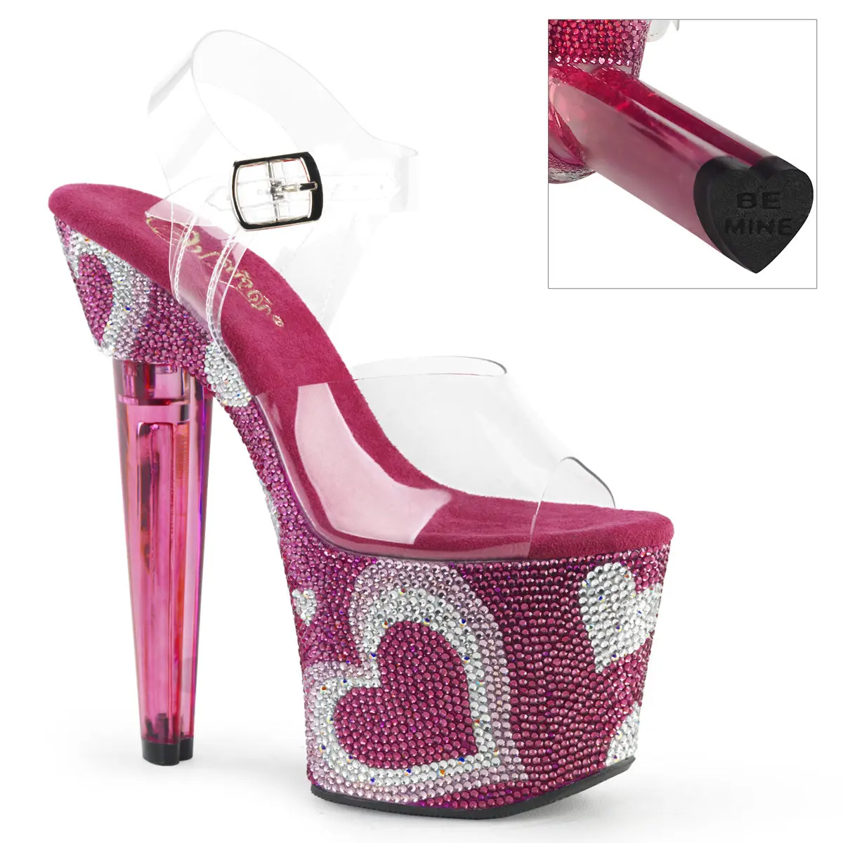 Women's Platform Sandals with a 7-Inch Heart-Shaped Heel, Transparent Ankle Strap High Heels and Rhinestone Embellished Platform, Platform Heels