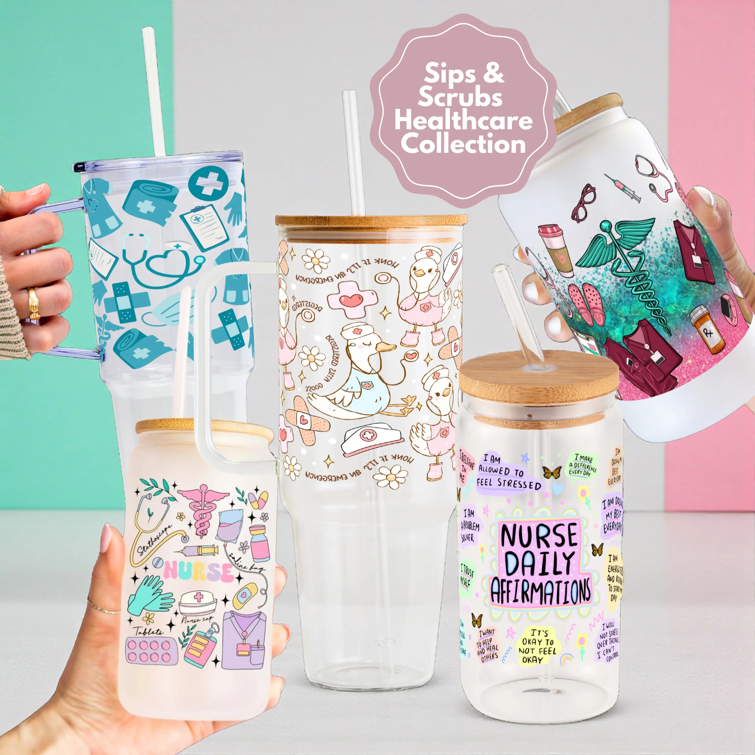 Sips & Scrubs Medical Collection 40oz Glass Tumbler with Lid and Straw, Iced Coffee Drinkware, Gift for Her, Acrylic Tumbler, water bottle for women, iced coffee cup