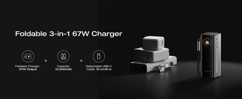 【Exclusive TikTok Gift】EcoFlow Rapid Pro 3-in-1 Power Bank, 10,000mAh Battery Pack with 67W Foldable AC Plug, Detachable USB-C Cable, 45W Fast Recharging, LCD Display, Compatible with Phones, Laptops, and More
