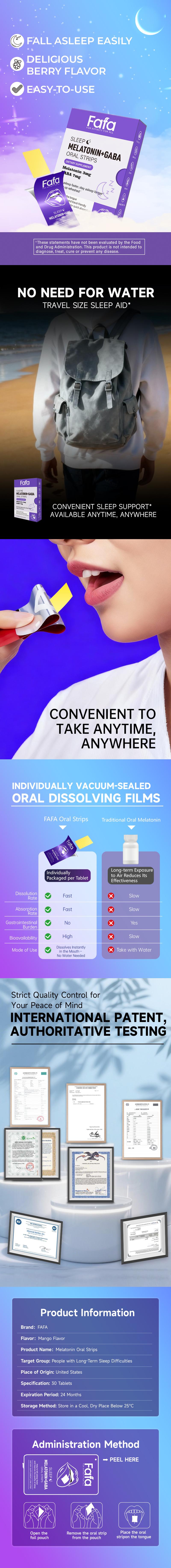 FAFA Sleep Melatonin+GABA Oral Strips – 3mg Melatonin + 7mg GABA | Mouth Tape For Sleep, Sleep Support | Sugar-Free, Gluten-Free, Soy-Free | Mango Flavor | 30-Day Supply