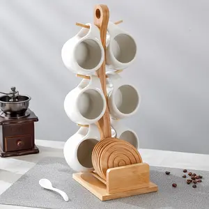 Ceramic Ceramic Mug Kit, 6 Counts CoffeeCup & 6 Counts Spoon & 6 Counts Mat & 1Count Wood Cup Holder Set, DrinkwareSet for Home, Office, Dining Room for Friend, Kitchen Accessories, Kitchen Gadgets Gift