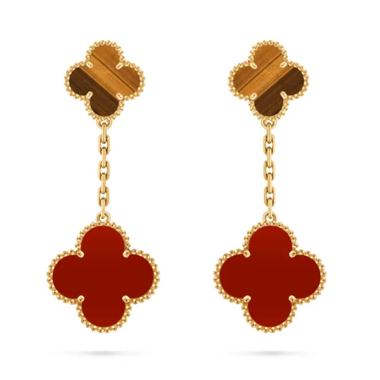 Pre-owned Van Cleef & Arpels Magic Alhambra earrings, 2 motifs, 18K yellow gold, tiger’s eye, carnelian，non complete set