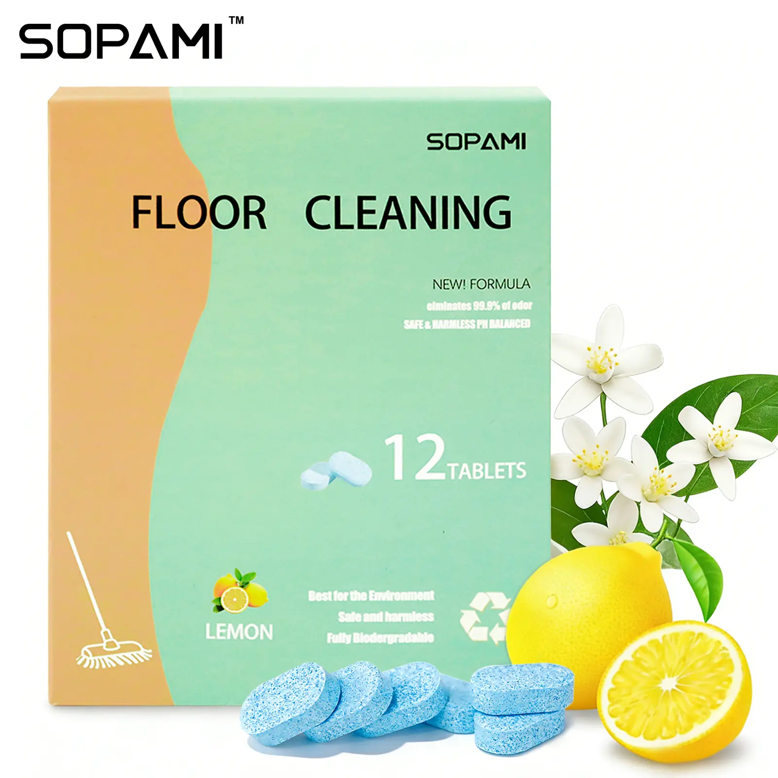 SOPAMI 12/24PCS-Pack Floor Cleaning Tablets available in lemon or mint scent eco-safe materials remove grime and odors effectively dries quickly with no residue for all household floor cleaning