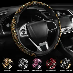 Queen's Land Leopard Diamond Bling 3PCS Steering Wheel Cover with Crystal Rhinestones, Leopard Seat Belt Cover, Segmented Stylish Protector, Universal 13-15 Inch Fit for Women; Holiday Gift; Christmas Gift