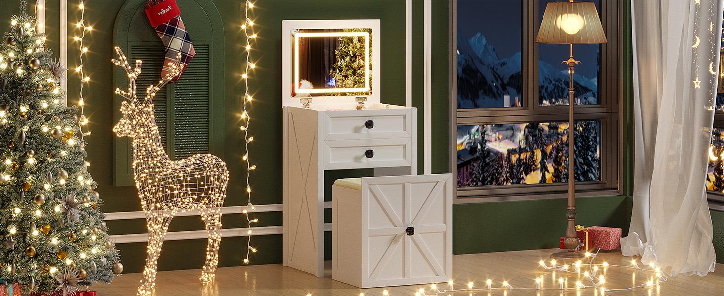 Miuvanity Farmhouse 3 in 1 Vanity with Mirror, 3-Color Adjustable Lighting, Cushioned Stool for Bedroom Organization & Beauty Routines