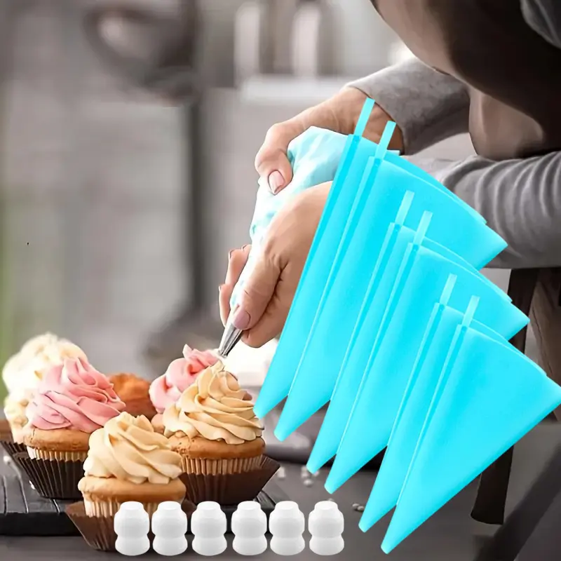 Reusable Silicone Pastry Bag Set - 6-Pack in 3 Sizes (12in,14in,16in) with 6 Icing Couplers, Pastry Decorating Tools for Cakes, Cookies, Piping Bag, Washing, Multi-Size, Reusability, 6 Piping Bags + 6 Icing Couplers