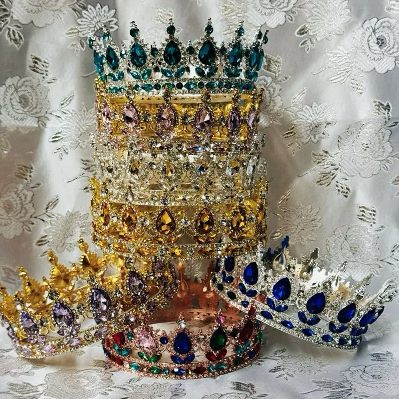 Metal complete crown gemstone multi / solid color corona de ochun oya obatala yemaya 8” diameter 3” tall party decoration picture baby shower princess dress up