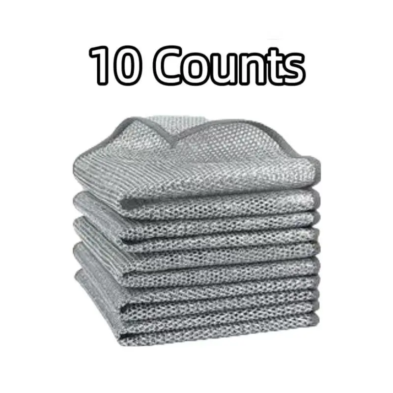 10 PCS Double-Layer Steel Wire Dishcloths Non-Scratch Multipurpose Reusable Quick-Dry Odor-Free for Kitchen Cleaning Dishes Cookware Sinks Stove Tops