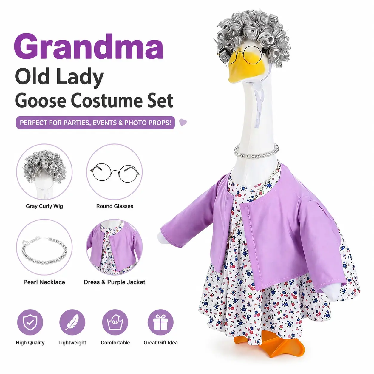 Cute Mixed Color Porch Goose Statue Costume Set for Old Ladies - Style Coat, Floral Print Dress, Curly Wig, Glasses, Pearl Necklace Accessories, Funny, Clothes