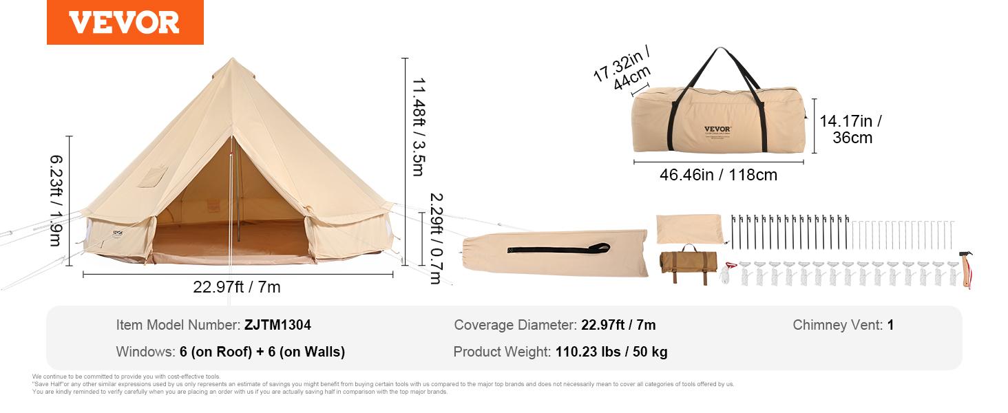 VEVOR Canvas Glamping Bell Tent Max 12 Persons, Breathable Waterproof Large Yurt Tent with Stove Jack and Detachable Side Wall for Family Camping