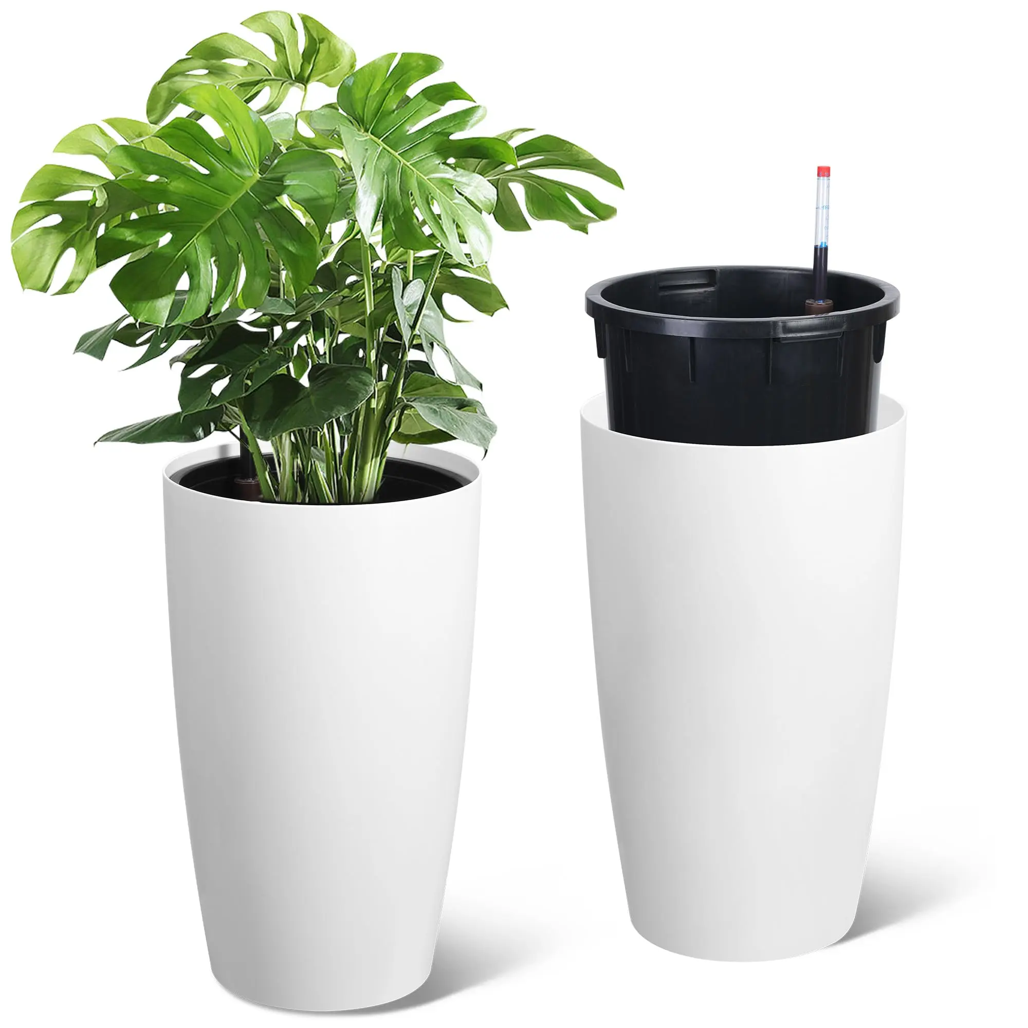Set of 2 16 Inch Tall Planters, Self-Watering Plant Pots with Built-In Drainage & Visible Water Level Indicator, Decorative Flower Pots for Indoor & Outdoor Use, Ideal for Patio, Porch, Living Room and Home Office