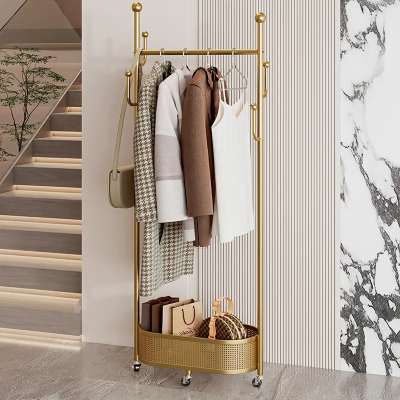 Multi-functional Coat Rack, Bedroom Clothing Stand, Iron Art Garment Rack with Rolling Laundry Hamper, Clothes Rack Stand, Coat Rack Freestanding